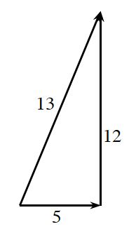 right triangle, sides as rays as follows: horizontal leg labeled 5, from left to right, vertical leg labeled 12, from bottom to top, hypotenuse labeled 13, running & rising.